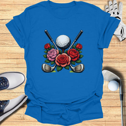 Floral Golf Clubs and Ball Design on Blue Shirt