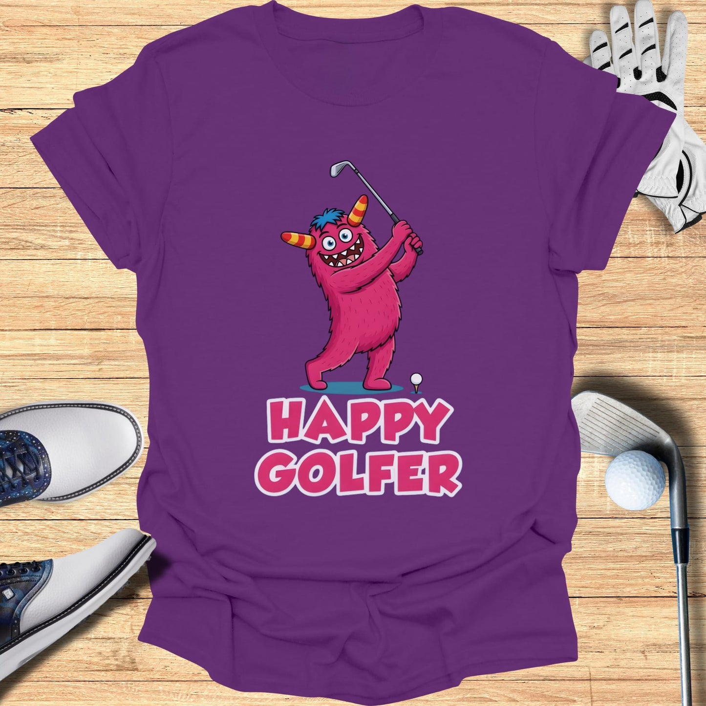 Pink cartoon monster playing golf with "Happy Golfer" text.