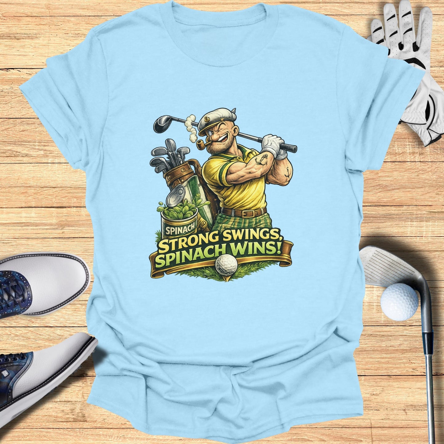 Cartoon golfer with a cigar and text "SPINACH STRONG SWINGS, SPINACH WINS!".