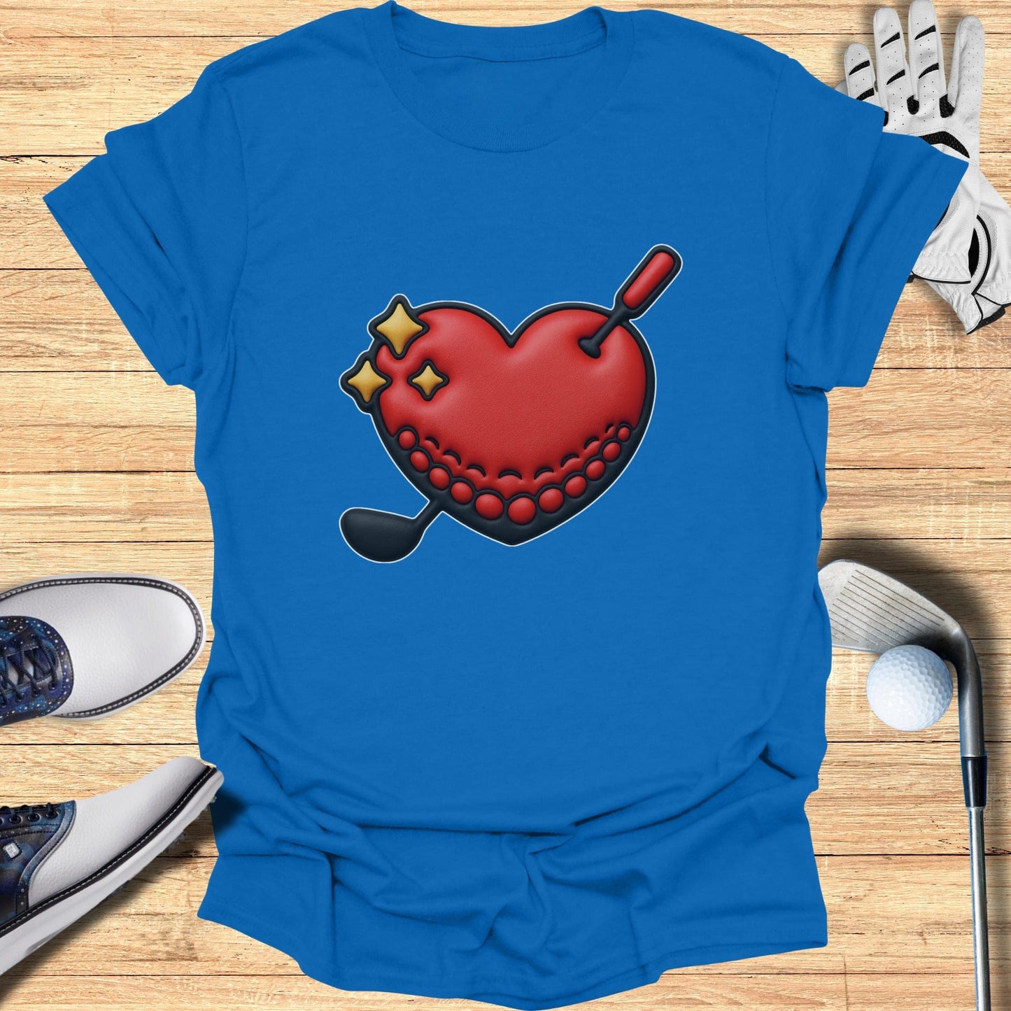 Heart with Golf Club Design on Blue T-Shirt