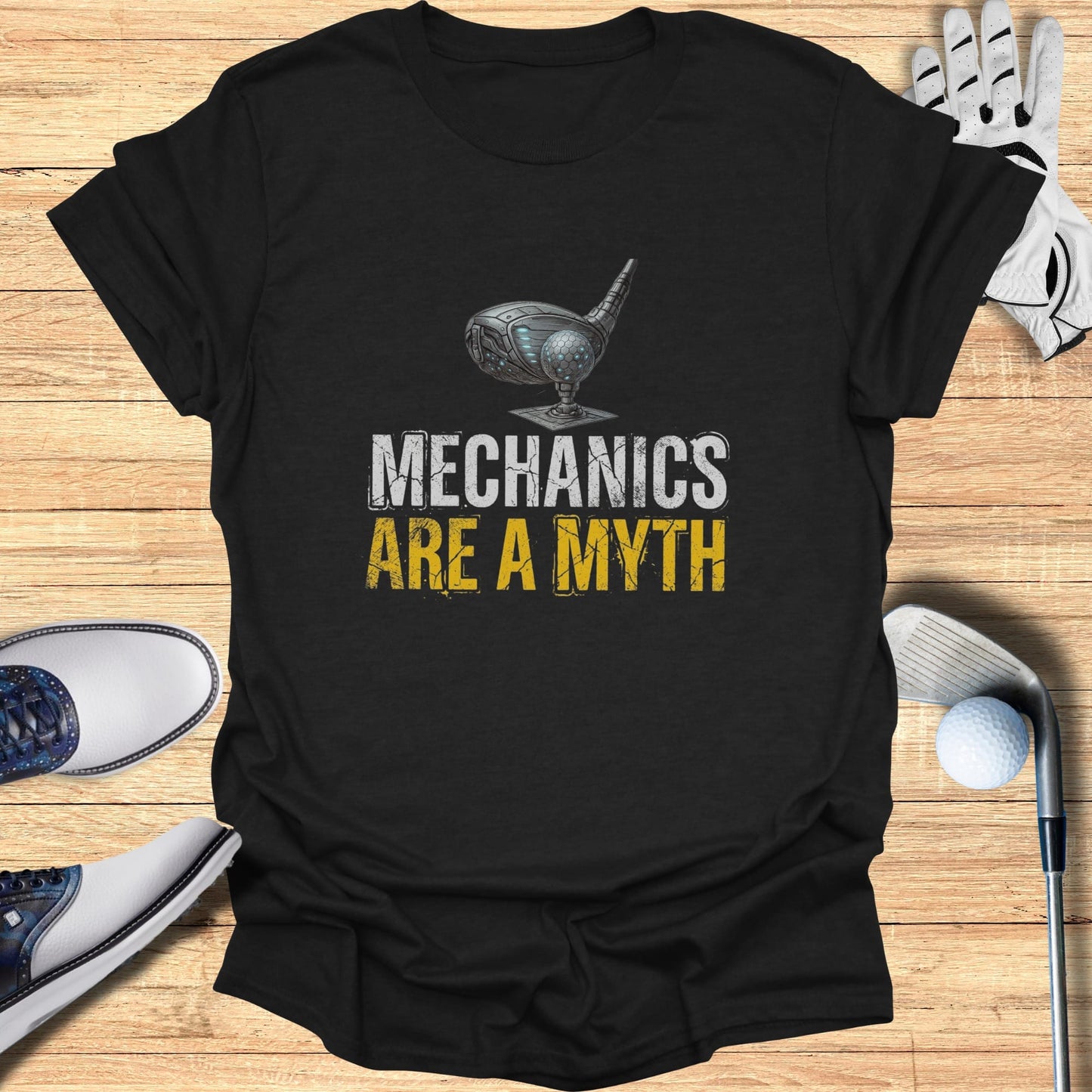 Black t-shirt with "Mechanics Are A Myth" and a golf club head design.
