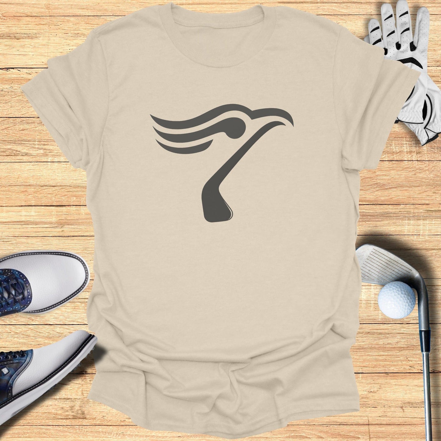 Golf Themed Beige T-Shirt with Unique Bird Logo Design