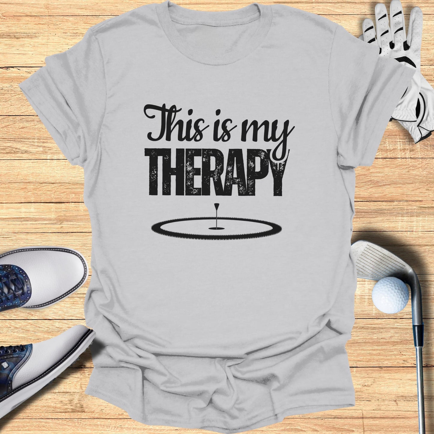 Gray t-shirt with "This is my THERAPY" text and golf-themed graphic.
