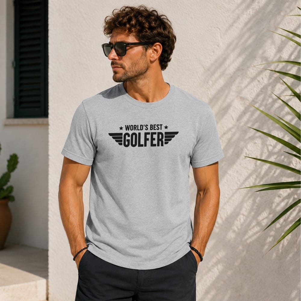 Grey t-shirt with "World's Best Golfer" text and wings graphic.