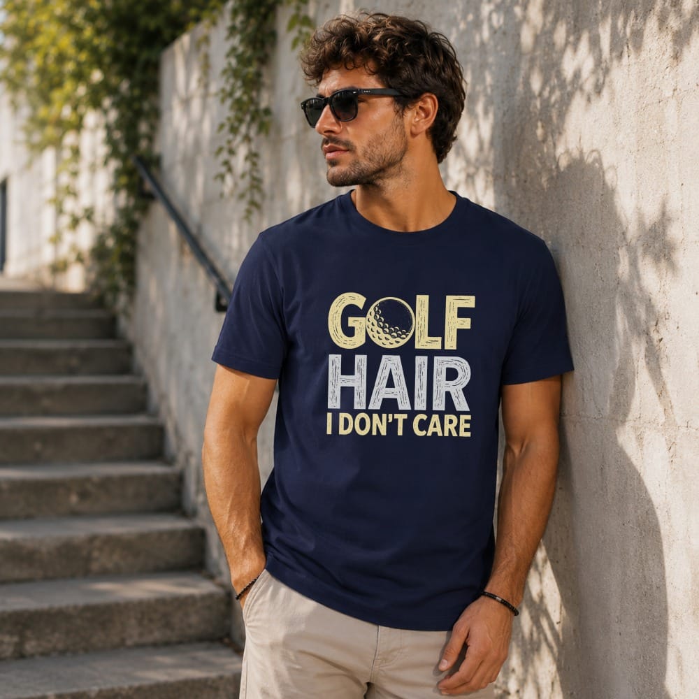 Navy t-shirt with "GOLF HAIR I DON'T CARE" and golf ball graphic.
