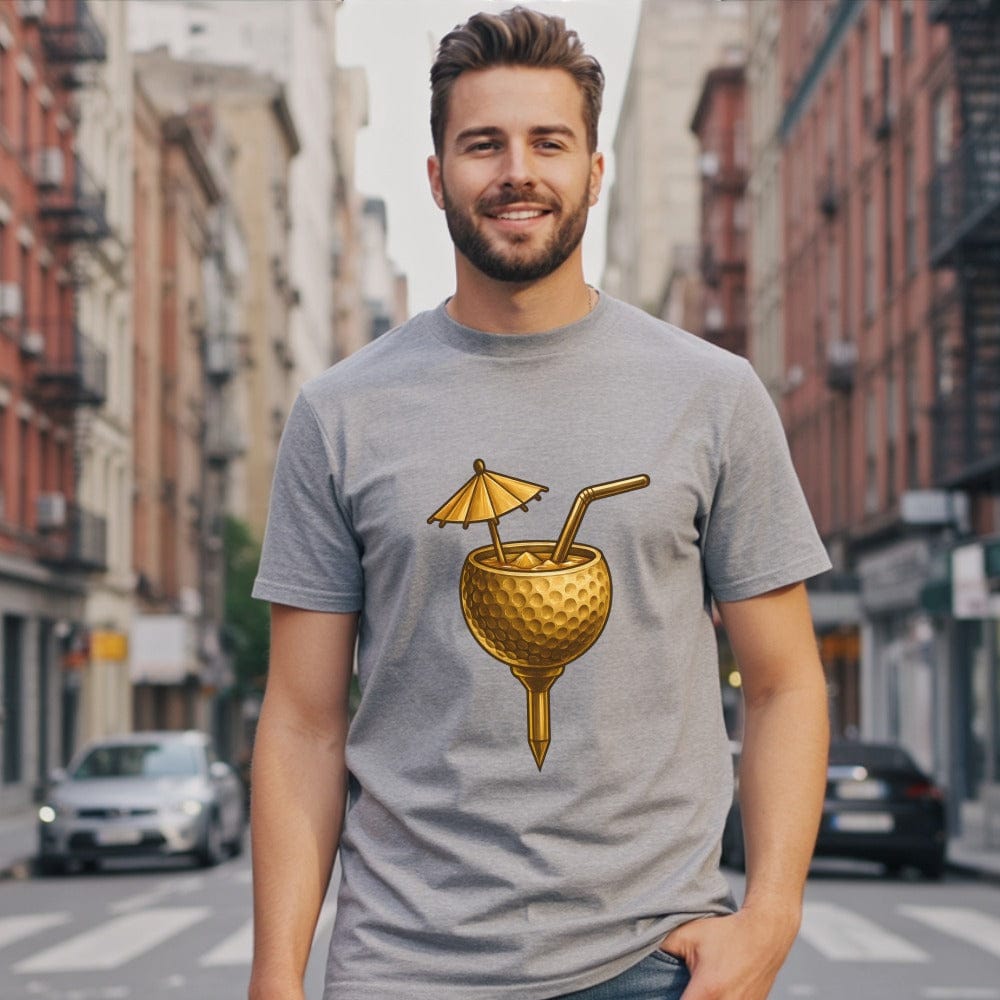 Golf-Themed Drink T-Shirt with Umbrella Straw Design