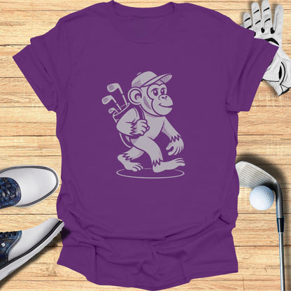 Purple T-Shirt with Graphic Monkey Playing Golf Design