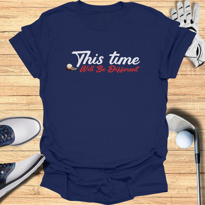 Navy t-shirt with "This time Will Be Different" and golf imagery.