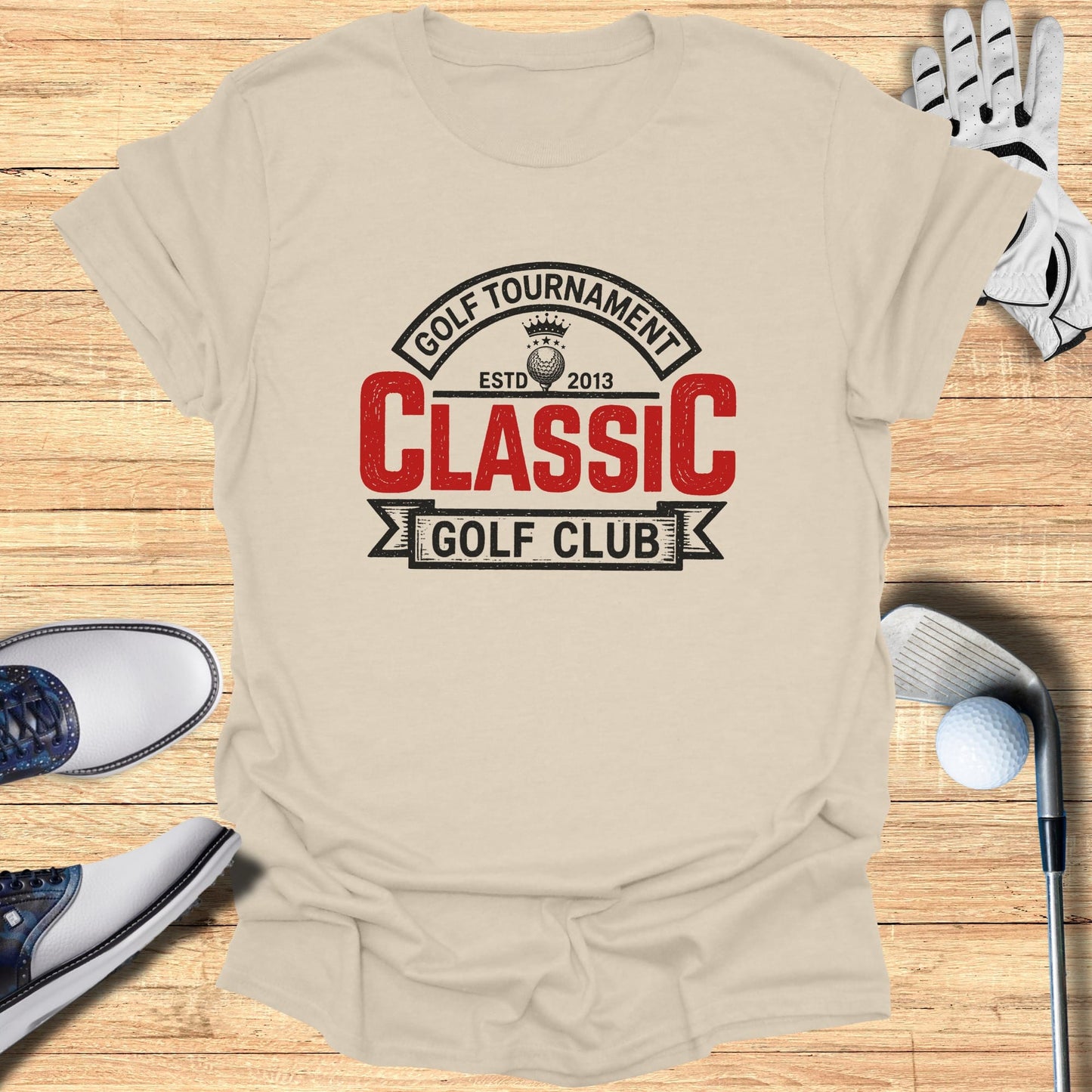 T-shirt with "Golf Tournament Classic Golf Club Estd 2013" text.