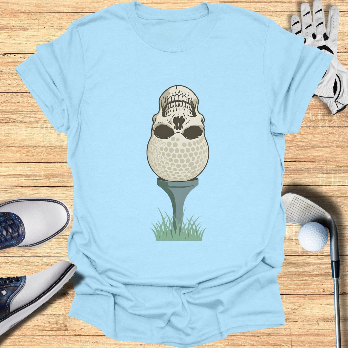 Skull and Golf Ball Graphic on Blue T Shirt Product