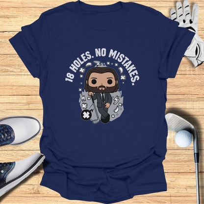 Navy t-shirt with cartoon man, golf clubs, and text "18 HOLES. NO MISTAKES."