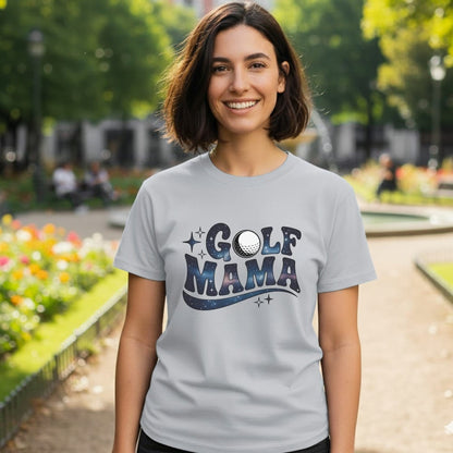 Light grey t-shirt with "Golf Mama" text and a galaxy-filled golf ball design.