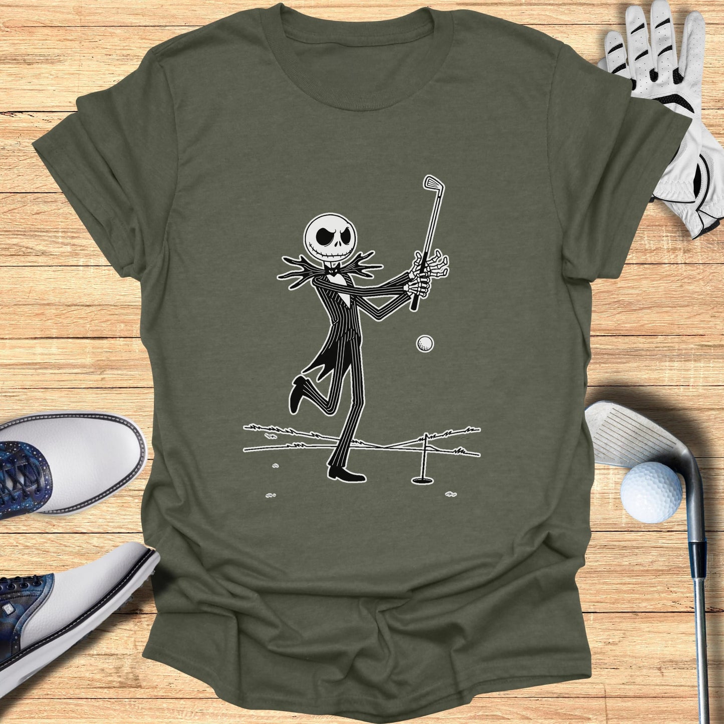 Jack Skellington swings a golf club on a tee box.