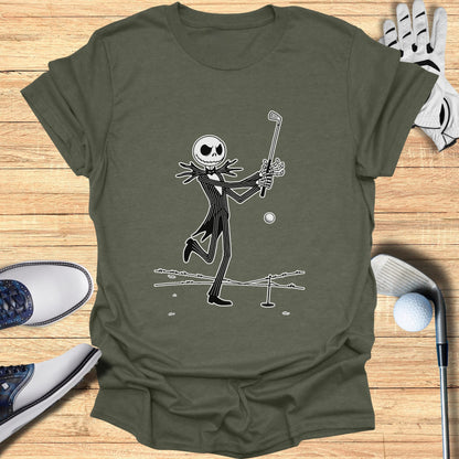 Jack Skellington swings a golf club on a tee box.