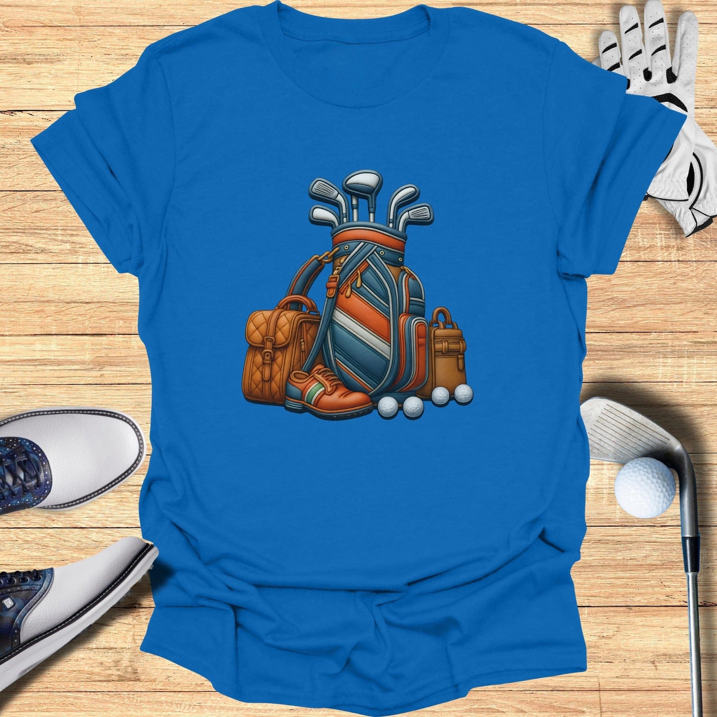 Golf Bag and Equipment Design on Blue Shirt