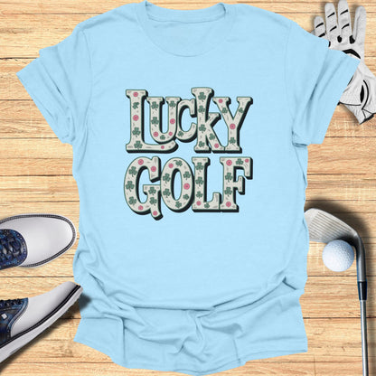 Light blue t-shirt with "Lucky Golf" text featuring shamrocks and flowers.
