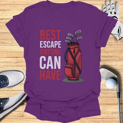 Purple t-shirt with "BEST ESCAPE ANYONE CAN HAVE" and golf bag graphic.