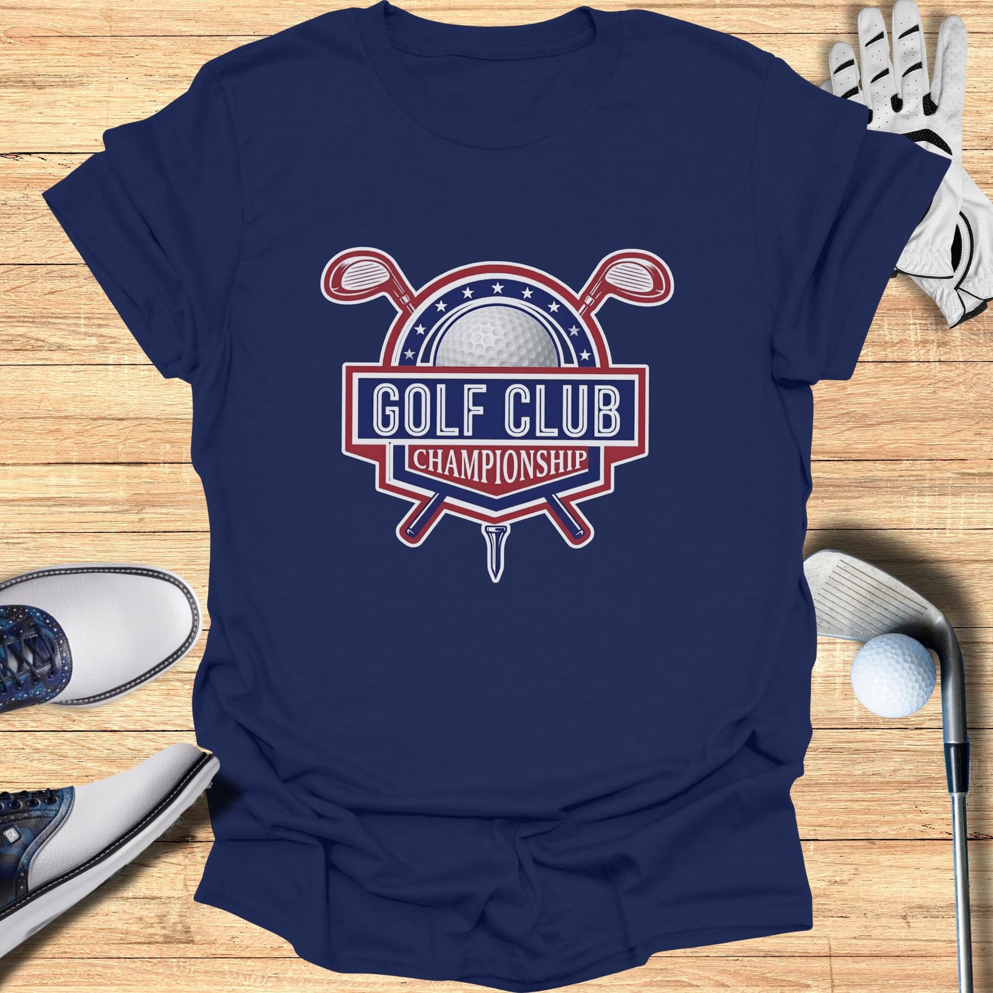 Navy t-shirt with "Golf Club Championship" logo and crossed golf clubs.