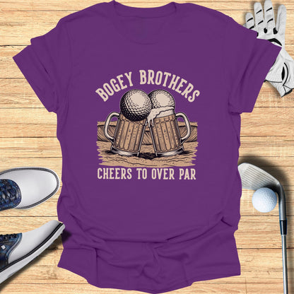 Purple t-shirt with "Bogey Brothers Cheers to Over Par" and two beer mugs with golf balls.
