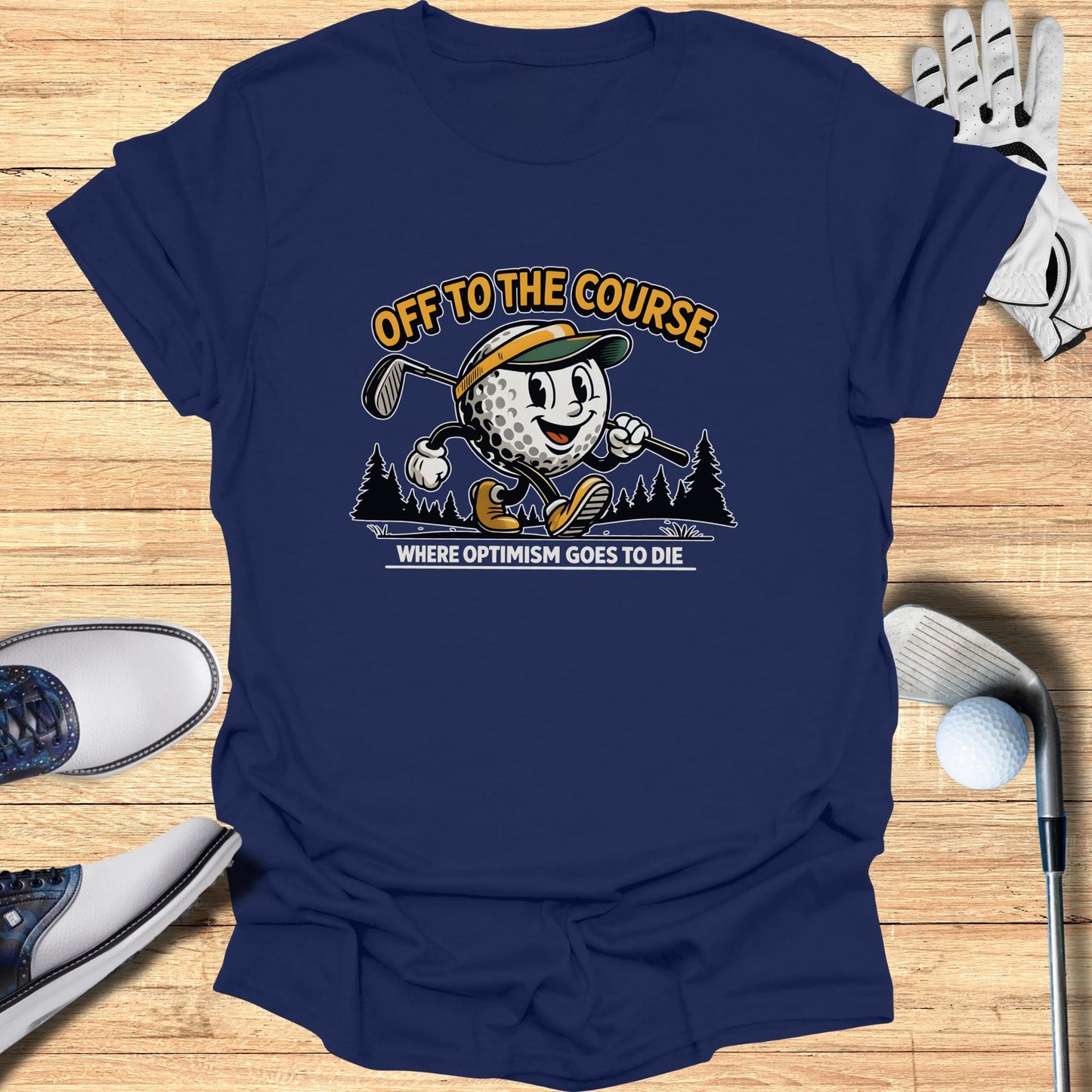 Navy t-shirt with cartoon golf ball, "Off to the Course" text.