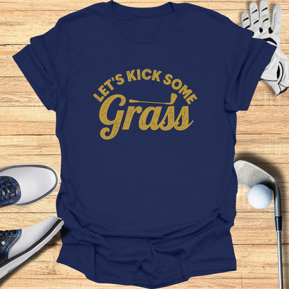 Navy t-shirt with "Let's Kick Some Grass" in gold lettering.