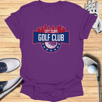 Purple t-shirt with "City Scape Golf Club" logo, golf shoes, and club.