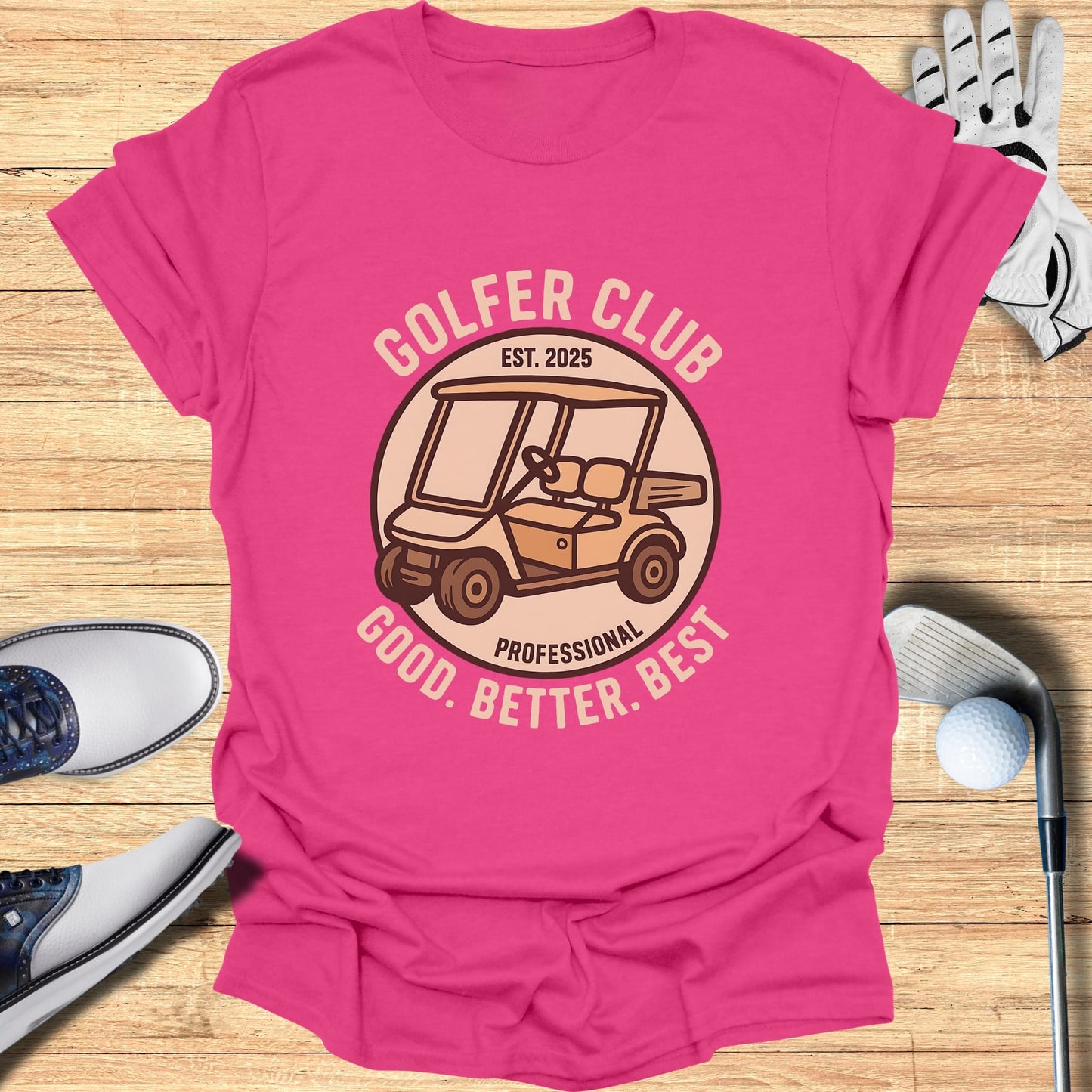Pink t-shirt with "Golfer Club" and golf cart graphic.