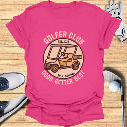 Pink t-shirt with "Golfer Club" and golf cart graphic.