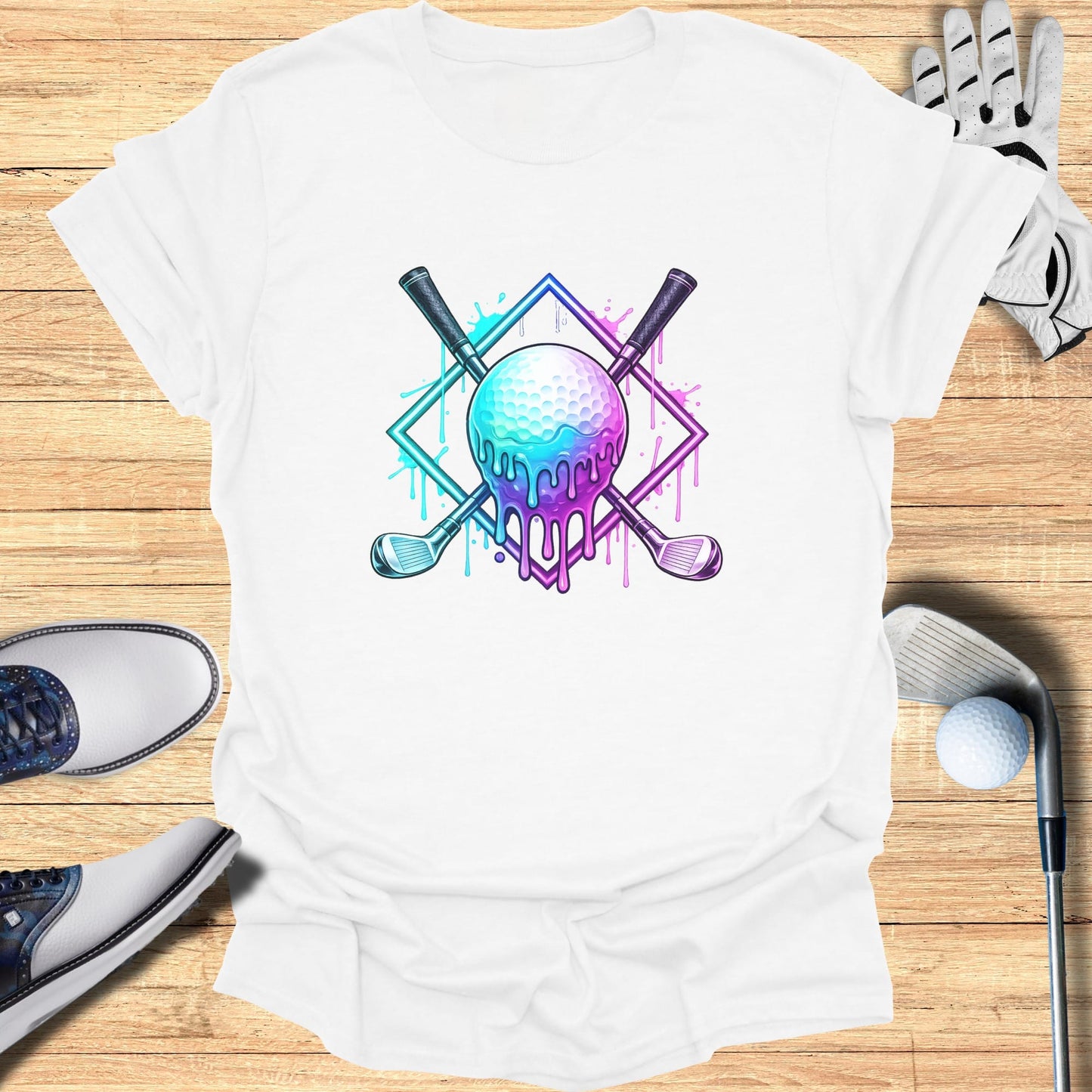 Golf ball with crossed clubs and dripping paint inside a diamond.