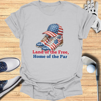 T-shirt with American flag hat and golf shoes, text "Land of the Free, Home of the Par".