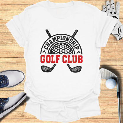 T-shirt with "Championship Golf Club" text and crossed golf clubs design.