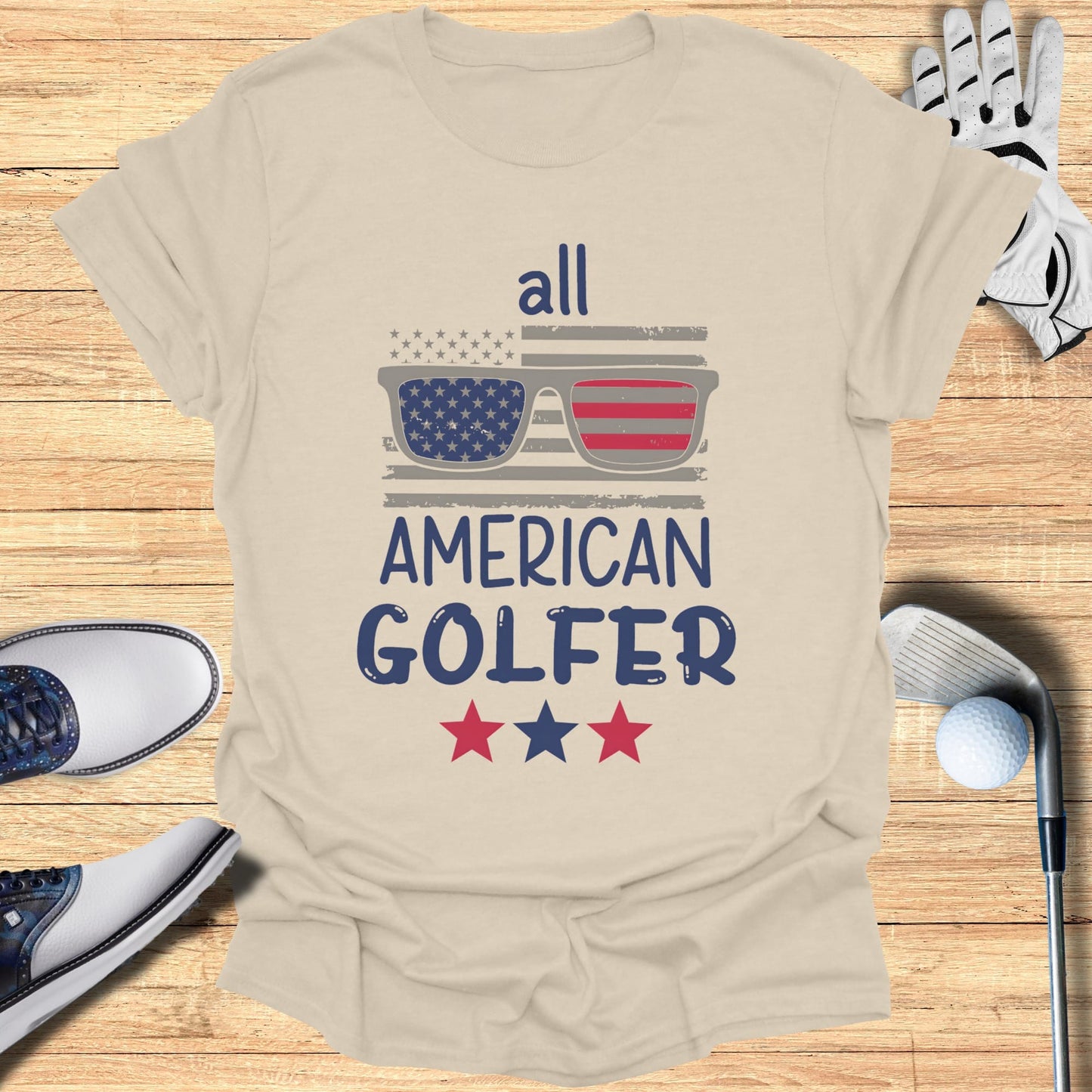T-shirt with American flag sunglasses and "All American Golfer" text.