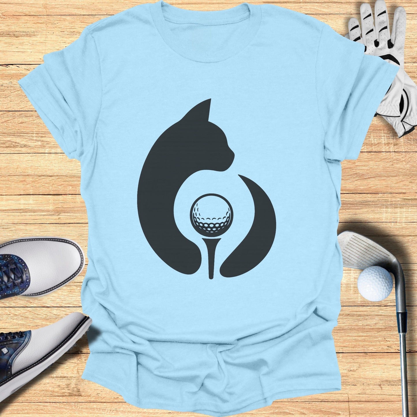 Cat and Golf Ball Graphic on Blue T-Shirt
