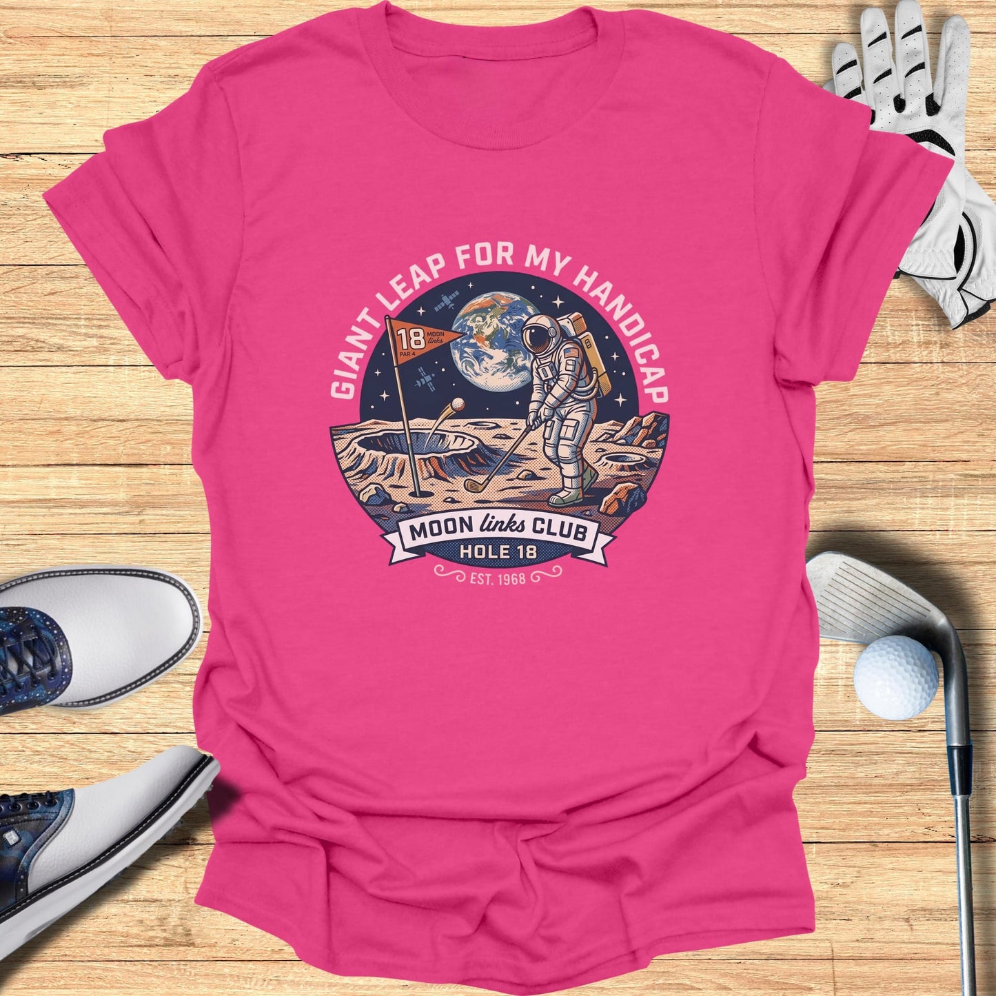 T-shirt with astronaut golfing on the moon, "Giant Leap For My Handicap" text.