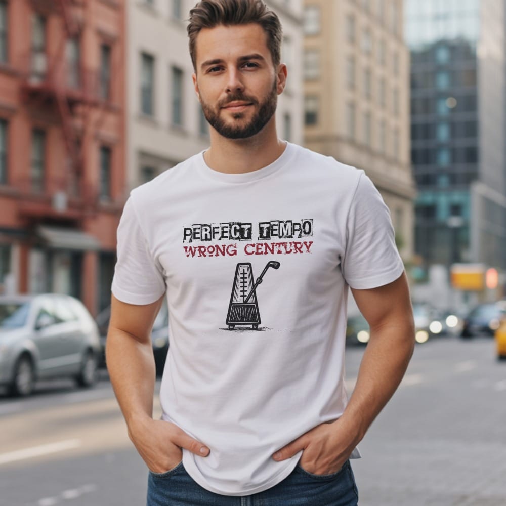White t-shirt with "Perfect Tempo Wrong Century" text and metronome graphic.