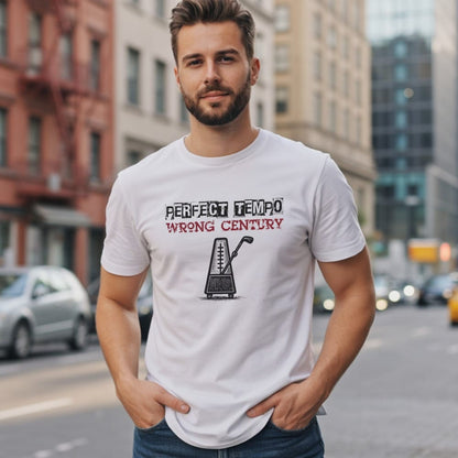 White t-shirt with "Perfect Tempo Wrong Century" text and metronome graphic.