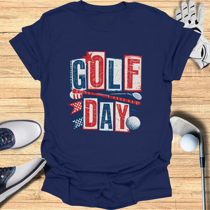 Navy t-shirt with "GOLF DAY" in red, white, and blue block letters.
