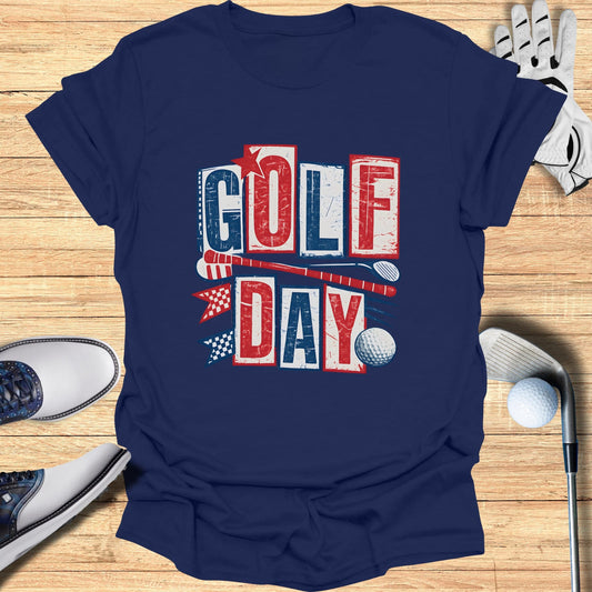 Navy t-shirt with "GOLF DAY" in red, white, and blue block letters.