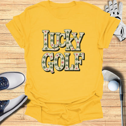 Yellow t-shirt with "Lucky Golf" text featuring shamrocks and strawberries.