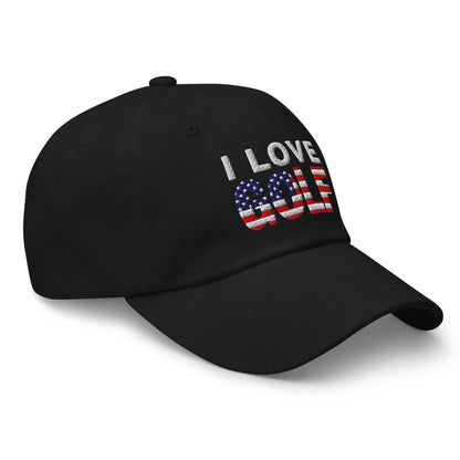 I Love Golf USA Flag Patriotic Embroidered Golf Cap - Funny Golf Tee by Swing Epic