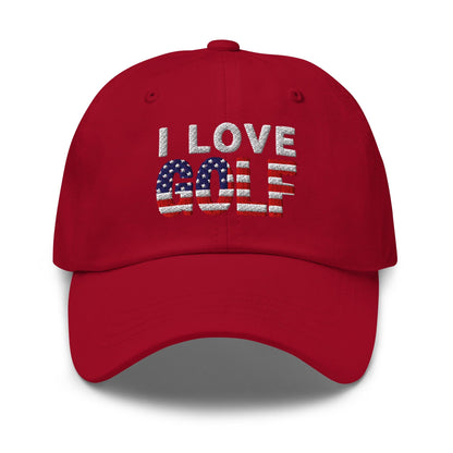I Love Golf USA Flag Patriotic Embroidered Golf Cap - Funny Golf Tee by Swing Epic
