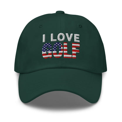 I Love Golf USA Flag Patriotic Embroidered Golf Cap - Funny Golf Tee by Swing Epic