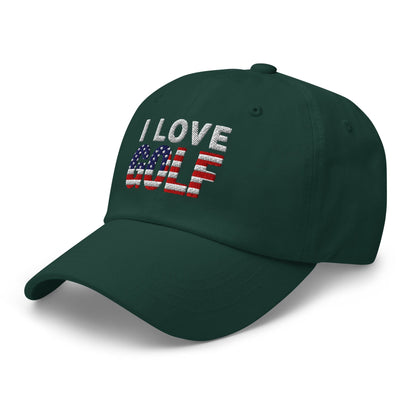 I Love Golf USA Flag Patriotic Embroidered Golf Cap - Funny Golf Tee by Swing Epic