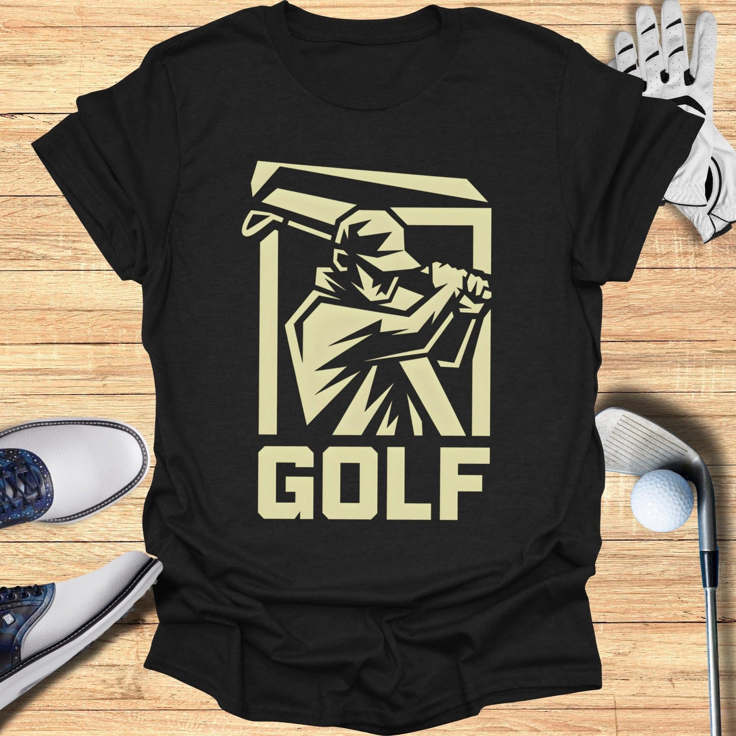 Golfer Silhouette Graphic Design on Black T-Shirt