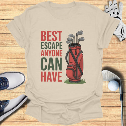 T-shirt with red text "BEST ESCAPE ANYONE CAN HAVE" and a golf bag with clubs.