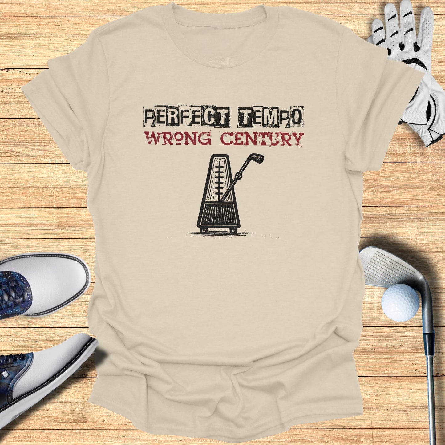 T-shirt with "Perfect Tempo Wrong Century" text and metronome graphic.