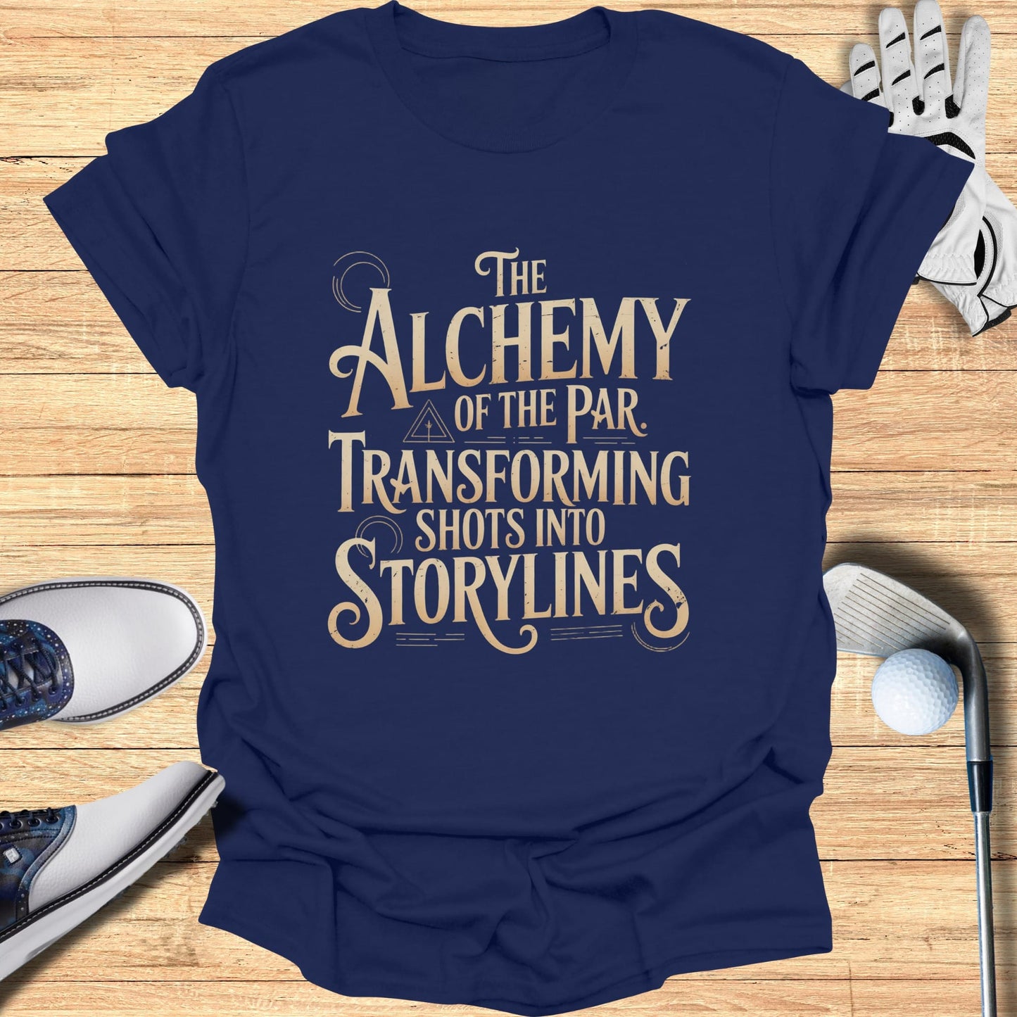 Navy t-shirt with "The Alchemy of the Par Transforming Storylines" text.