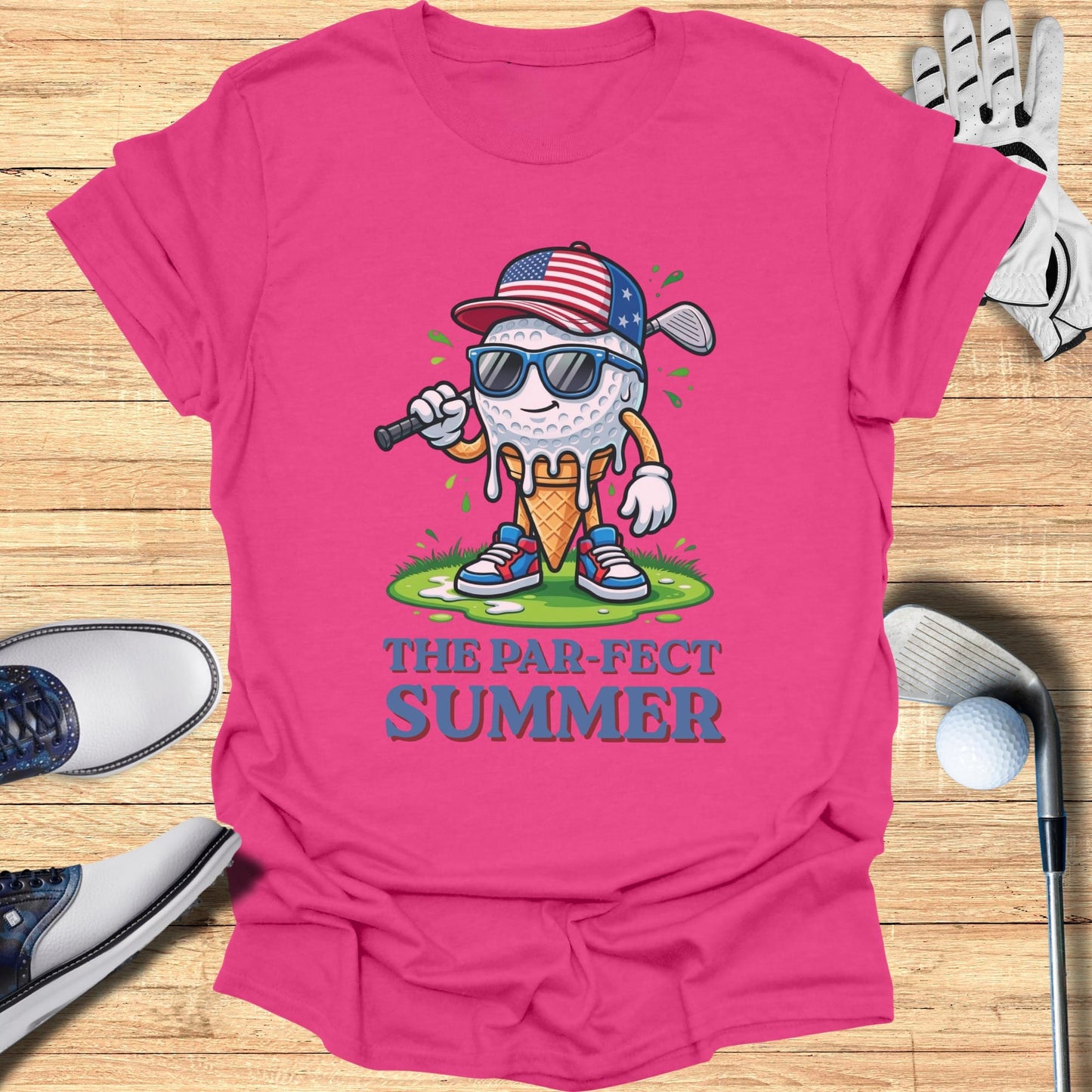 Golf ball ice cream cone with sunglasses and American flag hat, "The Par-fect Summer".