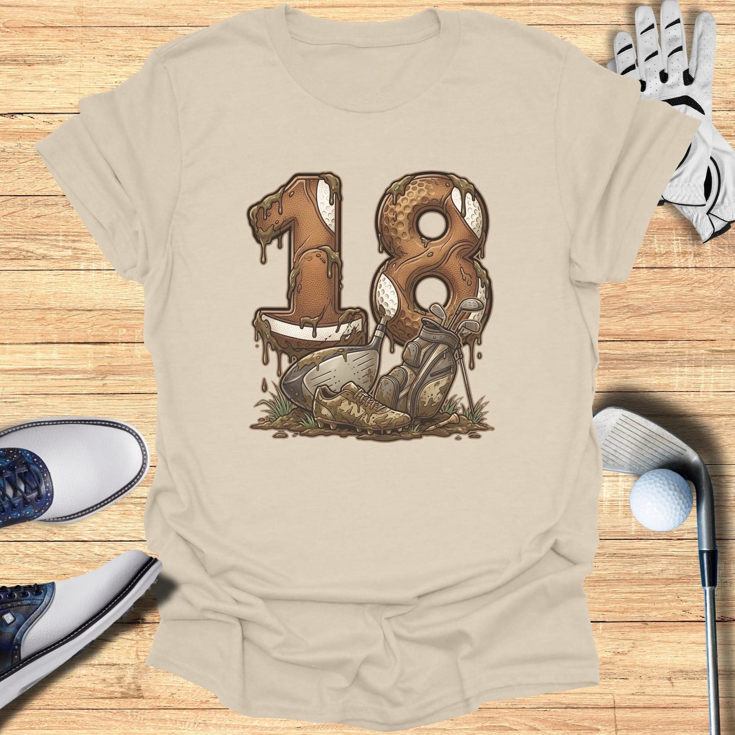 Golf-themed birthday design featuring the number 18 and golf equipment.
