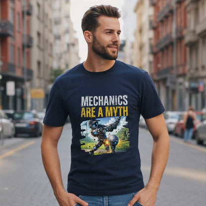 Navy t-shirt with "Mechanics are a myth" text and robot arm illustration.